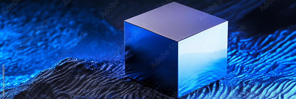 Poster reflective blue cube on textured surface in low light