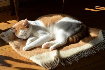 Orange and White Cat Sleeping Peacefully on Cozy Blanket