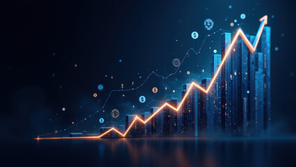 Financial growth depicted through a graph with rising lines, set against a city skyline backdrop.