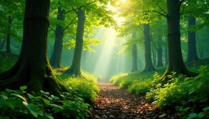 Naklejka premium Forest floor with sunlight filtered through leafy canopy, dappled light, natural ambiance, natural wonder