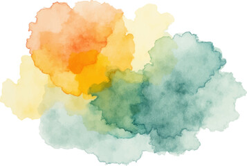 An abstract watercolor splash with a blend of warm and cool tones, featuring overlapping shades of yellow, orange, green, and teal. 