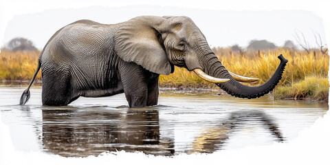 Elephant wading through water with raised trunk and long tusks in a golden grassland