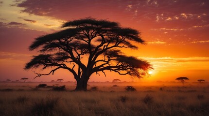 African Savanna Sunset Landscape with Acacia Tree Silhouette