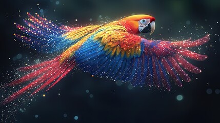 Scarlet Macaw in Flight Sparkling Feathers