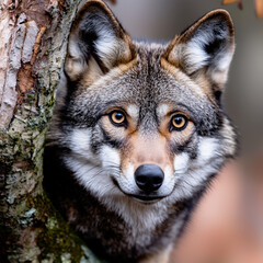 Obraz premium Curious wolf peeking from behind a tree in the autumn forest