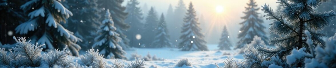 Frosty mornings with delicate snowflakes gently falling on a serene winter landscape of evergreen trees and frosty windows, morning, serenity, window