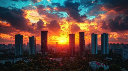 Fototapeta premium Vibrant Sunset Over Cityscape Towers and Trees