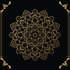 Luxury mandala design black background in gold color