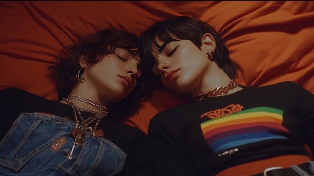 Two young fashion models resting on orange sheets wearing rainbow pride shirts