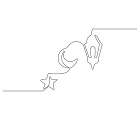 Continuous one line drawing of lantern, moon and star islamic decoration,. Single line drawing illustration for greeting card. Ramadan kareem concept vector art. Doodle line illustration.