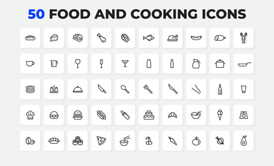 Collection of line food and cooking icons, perfect for use in design projects, menus, and branding materials. Features 50 unique designs representing diverse culinary items and utensils