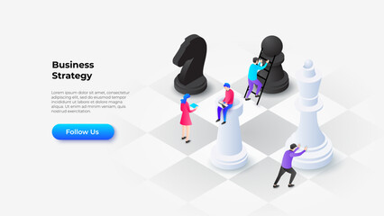 Isometric illustration of a chessboard symbolizing business strategy and teamwork. Characters interact with chess pieces, portraying strategic planning and innovation for successful business