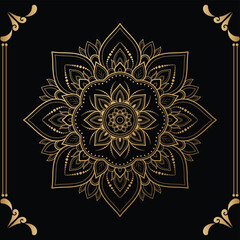 Luxury mandala design black background in gold color