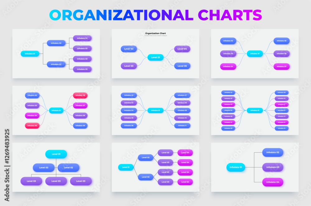 Poster Collection of organizational chart designs showcasing various hierarchical structures and layouts for business and corporate purposes. Infographic flowchart templates
