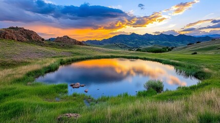 Sunset over a serene landscape reflecting in a tranquil pond, surrounded by lush green grass and wildflowers. Dramatic clouds fill the sky with