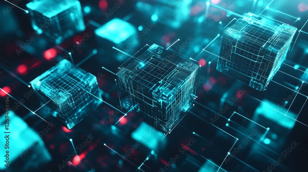 Wall mural futuristic digital block technology concept with ai enhanced metaverse network of cubes