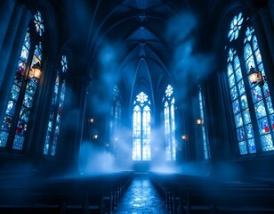 A gothic cathedral interior with high stained-glass windows, flickering candlelight, and an eerie but beautiful atmosphere