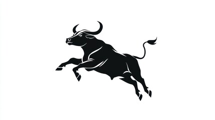 Black bull silhouette jumping, dynamic pose, white background, graphic design, possible use in logos or illustrations