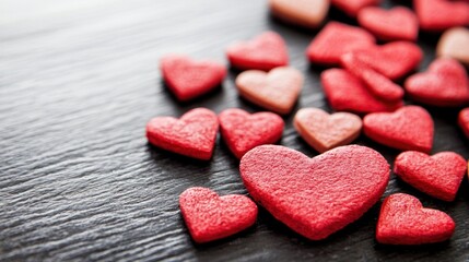 Obraz premium Colorful Red Hearts on Dark Wooden Table for Romantic Occasion