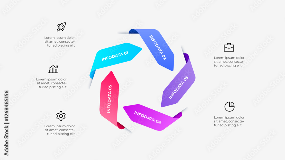 Poster Five Arrows Steps Infographic Chart with Icons and Descriptive Text Layout