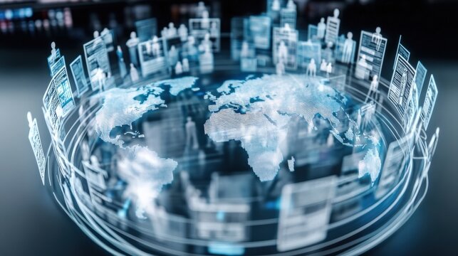 Global networking event showcasing innovative technology solutions virtual platform infographic display modern design multimedia concept