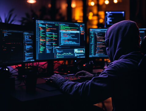 Hacker using a multi-screen setup with penetration testing software.