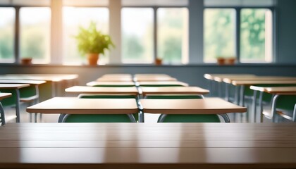 A classroom setting with a blurred background and an empty student desk arrangement. Generated image