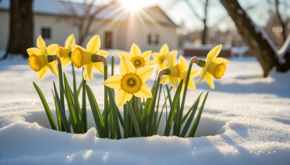 Obraz premium Bright yellow daffodils blooming through fresh snow.
