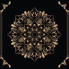 Luxury mandala design black background in gold color