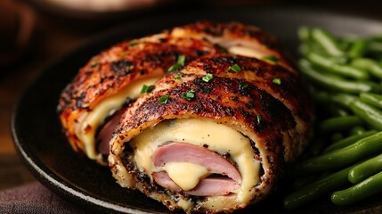 A gourmet version of Chicken Cordon Bleu, stuffed with aged Swiss cheese and premium smoked ham, served with a side of buttered green beans 