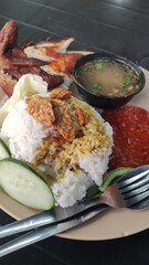 indonesian traditional food. nasi ayam penyet. traditional asian food