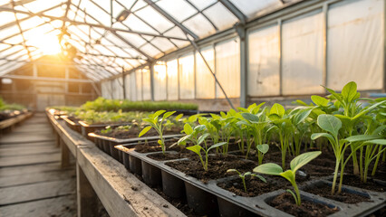 Fototapeta premium Seedlings growing in a greenhouse under warm sunlight
