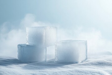 Ice cubes on snow, foggy background, still life.  Possible use product display, winter theme