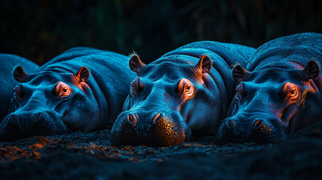 On National Napping Day, three relaxed hippos enjoy a peaceful slumber in the soft glow of twilight by the riverbank