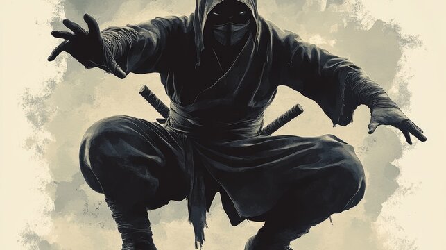 Ninja warrior jumping and attacking with katanas