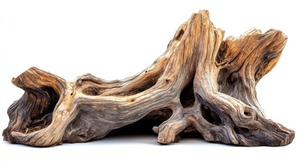 Weathered driftwood root isolated on white; nature decor