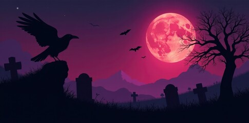 Fototapeta premium Silhouetted raven against crumbling headstones, cemetery, moon