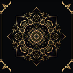 Luxury mandala design black background in gold color