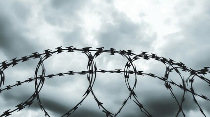 Barbed wire circles cloudy sky above.