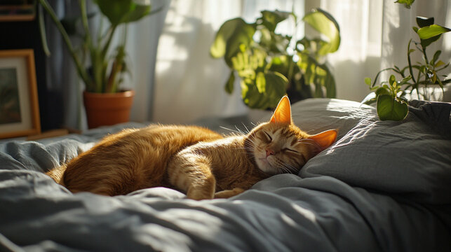 Celebrate National Napping Day with a Cozy Cat Napping in a Sunlit Room Surrounded by Plants