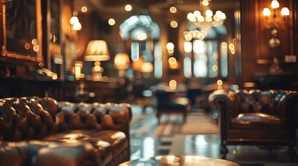 A vintage hotel lounge with plush armchairs, soft lighting from table lamps, and an atmosphere of luxury and comfort. Gentlemen club VIP, elite, UK