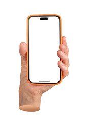 Elderly female hand holding a smartphone with an orange case and blank screen. Wrinkled fingers gripping the device, perfect for showcasing app design, advertising, or technology use. Isolated on