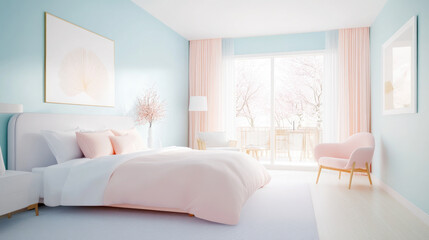 Serene bedroom interior design modern apartment digital bright atmosphere wide angle view minimalist concept
