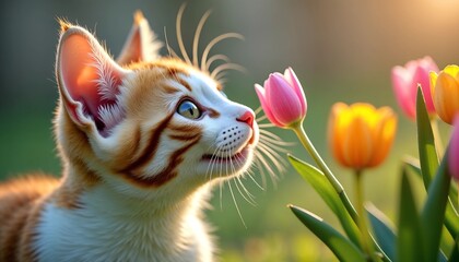 Playful kitten smelling tulip flowers, curiosity, springtime in the garden