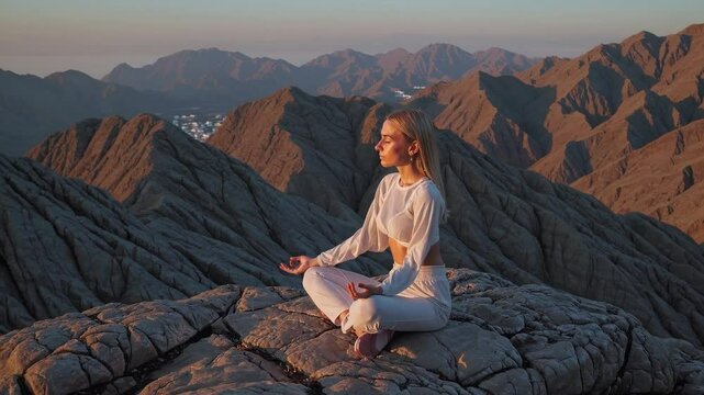Overhead shot of a young woman meditating doing yoga on the top o a mountain at sunrise or sunset.