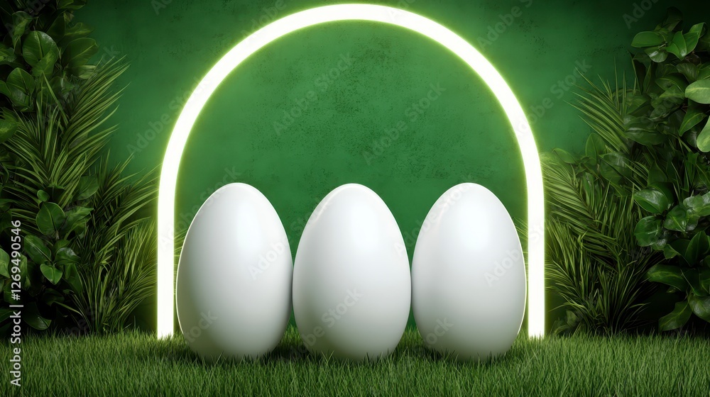 Sticker Three white eggs rest on green grass in front of a vibrant green archway, framed by lush greenery. The scene is brightly lit, creating a cheerful and