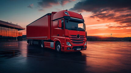 Red semi truck parked near warehouse at sunset reflecting on wet asphalt