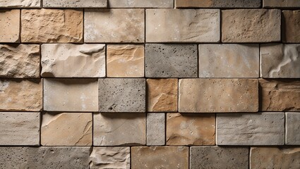 a close-up view of a textured stone wall. The layout consists of rectangular stone tiles arranged in a staggered pattern. The stones vary in color from light beige to a slightly darker tan, with visib