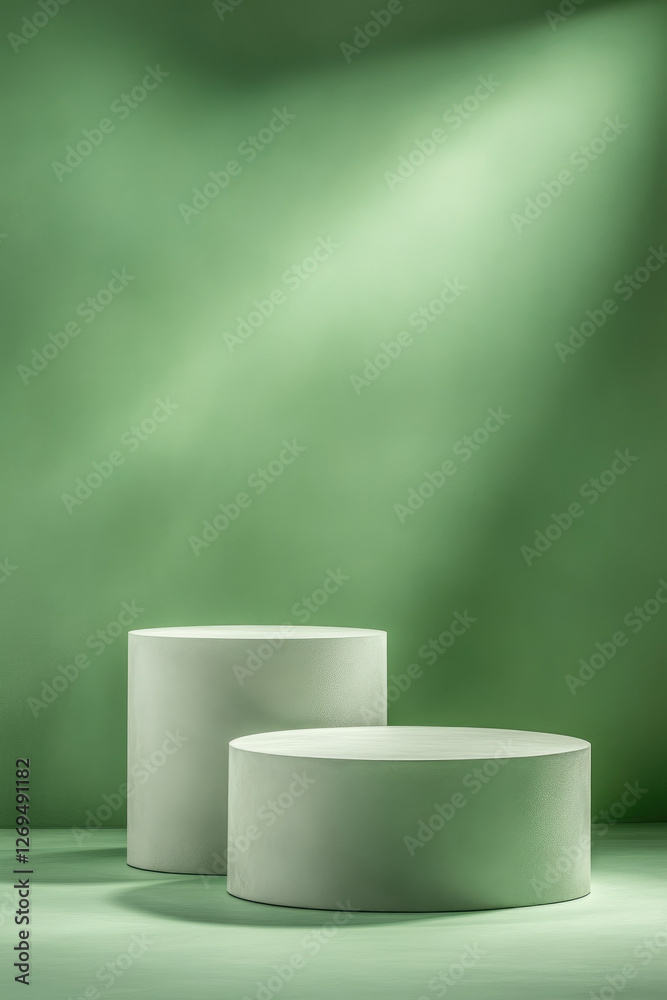 Wall mural minimalist podium presentation mock-up with geometric platforms in a soft green environment