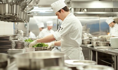 Chefs work in a busy restaurant kitchen.